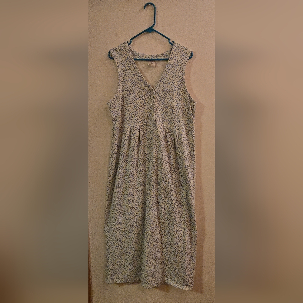 Vintage Floral Sleeveless Dress - Cream and Blue